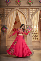 Rani Pink Viscose Rayon Thread Embroidered Work With Mirror All Over Navratri Lehenga Choli With Dupatta - Raas