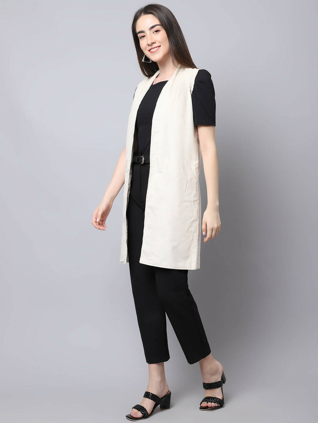 Even Apparels White Polywool Open Front Corduroy Women's Long Coat