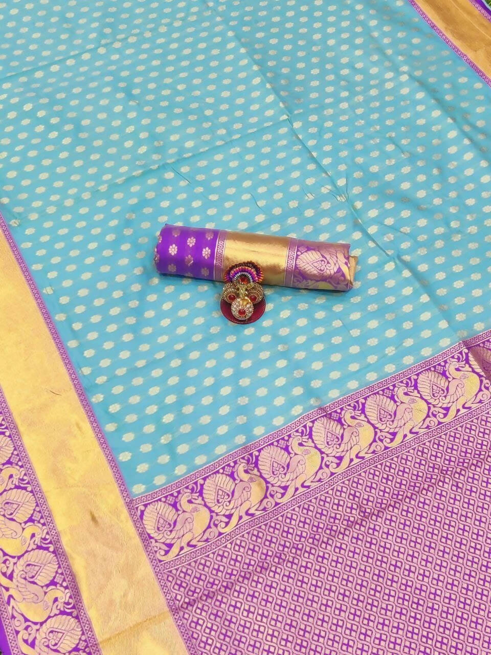 DEIANA'S Beautiful Designer Golden zari Soft Lichi Silk Saree - Sky