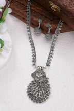 NVR Women's Silver-Toned Peacock Design Oxidized Necklace with Jhumka Earrings
