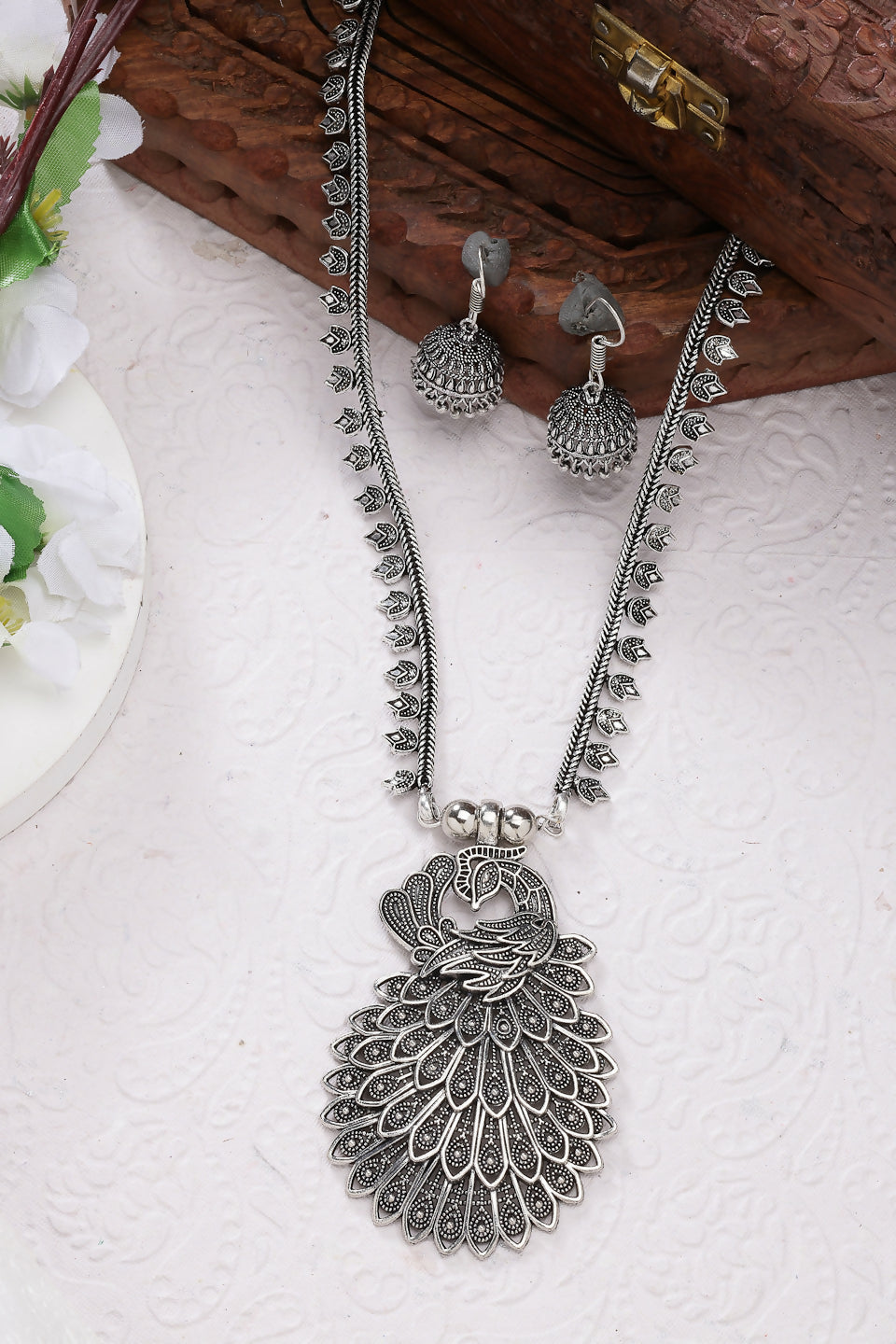 NVR Women's Silver-Toned Peacock Design Oxidized Necklace with Jhumka Earrings