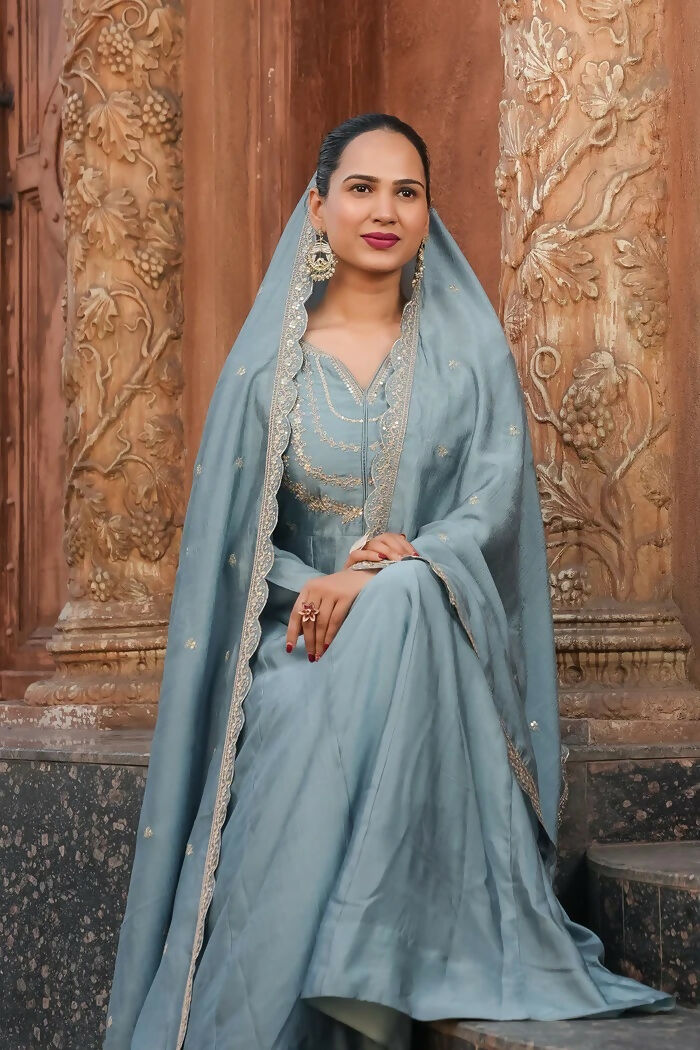 The52 Teal Blue Women's Gorgeous Vichitra Silk Fabric Embroidered Work Flared Anarkali Pant and Dupatta Set - Distacart