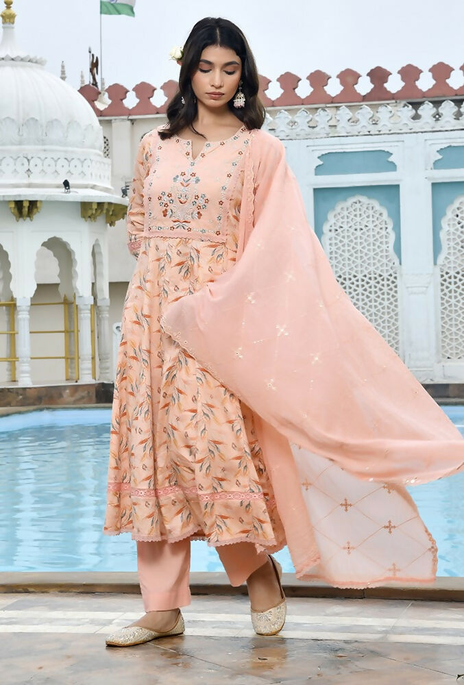 Vaasva Women's Peach Cotton Anarkali Set With Solid Pant And Embroidered Dupatta
