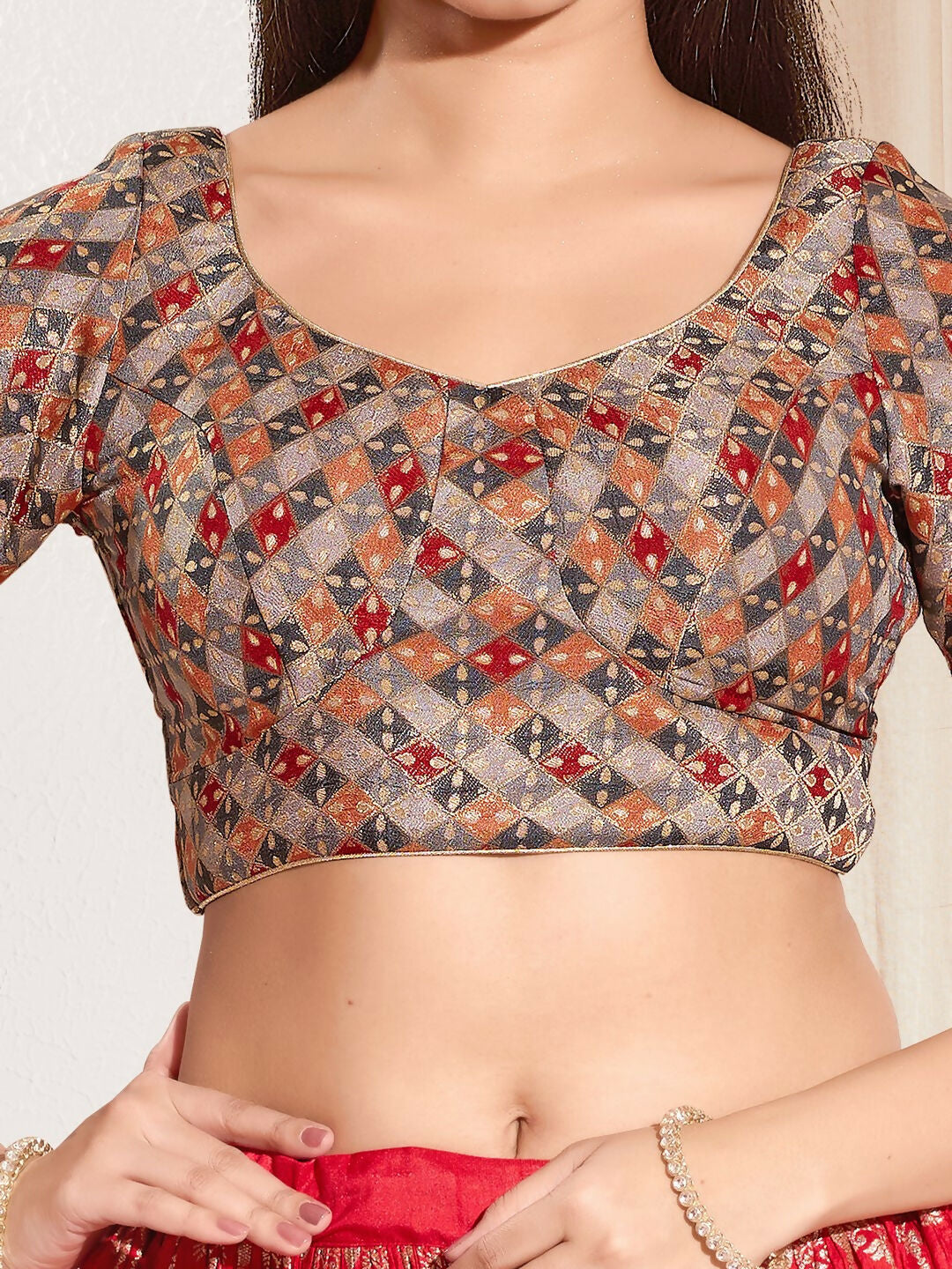 Joban Fashion Grey Jacquard Padded Blouse With Round Neck Elbow Sleeves - Distacart