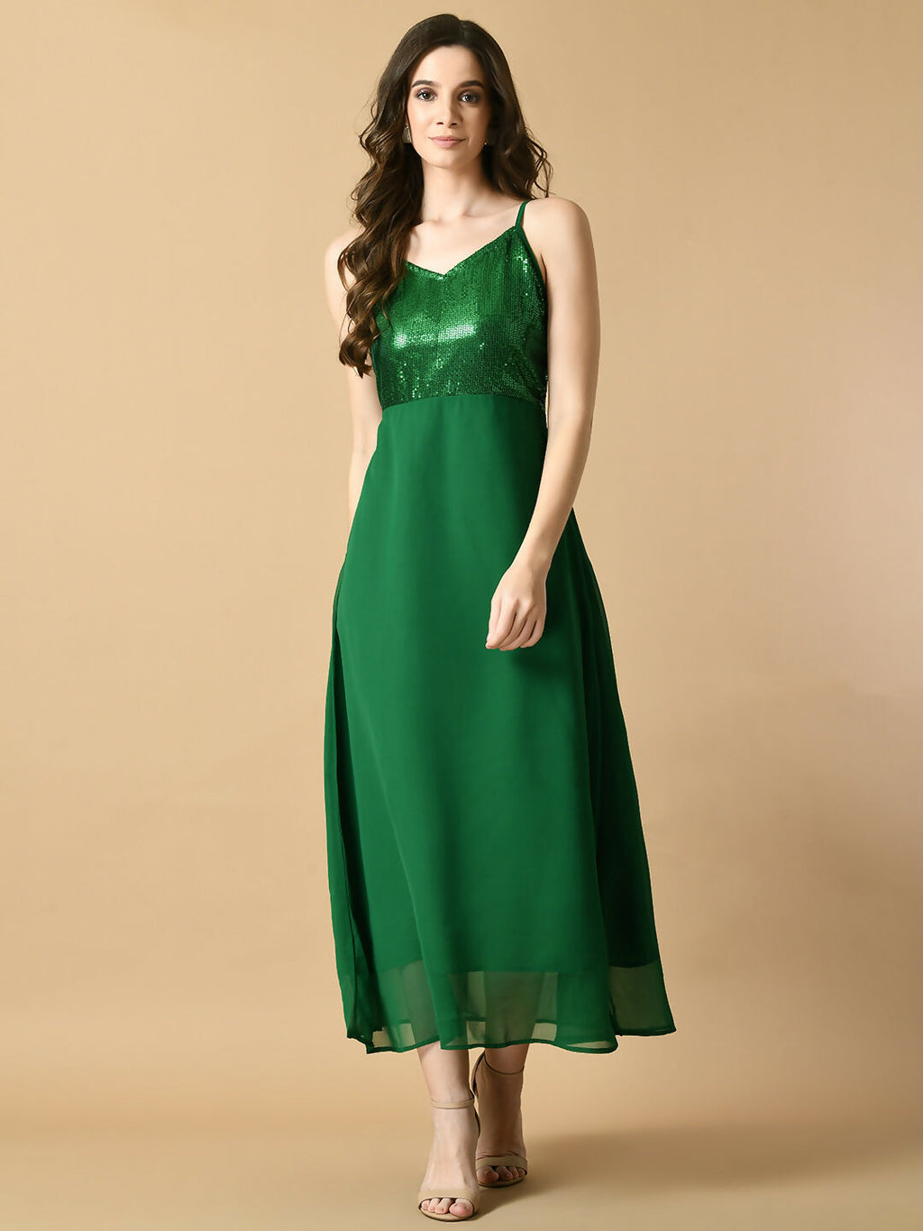 Myshka Women's Green Solid Georgette Party Dress - Distacart