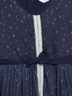 Ahalyaa Navy Blue Net Foil Print Kids Dress For Girls