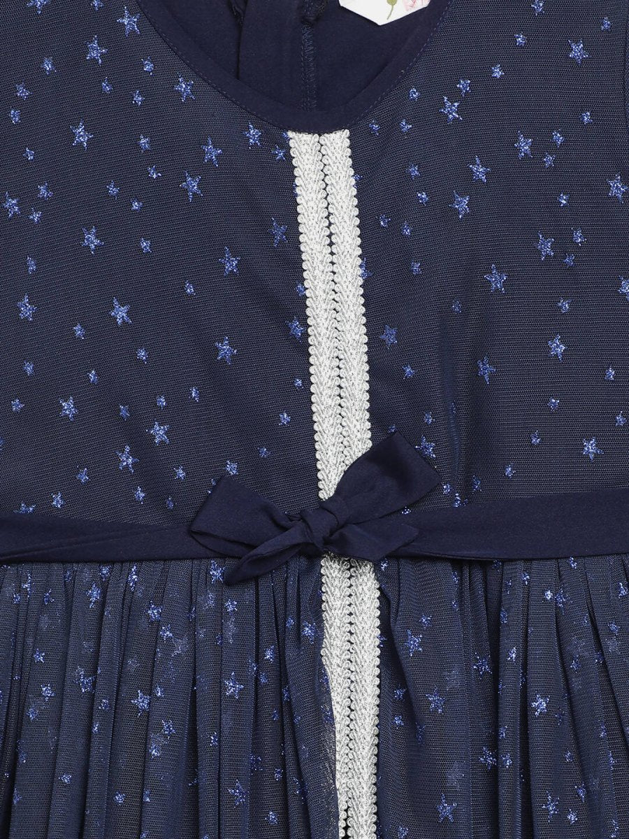 Ahalyaa Navy Blue Net Foil Print Kids Dress For Girls