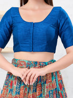 Joban Fashion Fire-Blue Dupion Silk Elbow Sleeveless Front Open Blouse