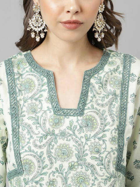 FIORRA Women's Sea Green Cotton A-Line Kurta Set
