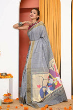 Very Much Indian Handloom Grey Cotton Paithani With Radha Krishna Pallu - Distacart