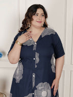 Miravan Womens Plus Size Blue Floral Printed Front Buttoned A-Line Kurta Dress