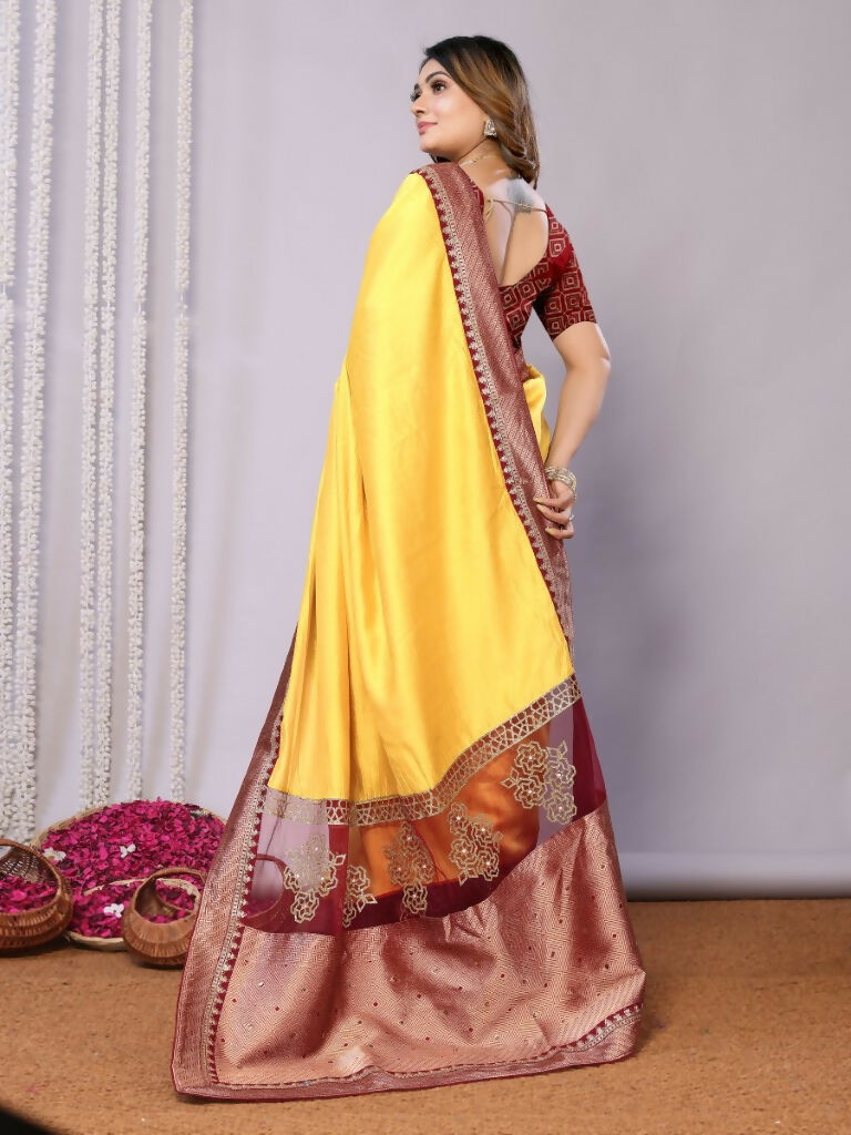 Yellow Silk Georgette Cord And Sequins Embroidery Laser Cut Applique Work Saree - Norita Saumya