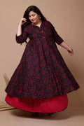 Miravan Women's Plus Size Navy Blue Floral Printed Anarkali Kurta
