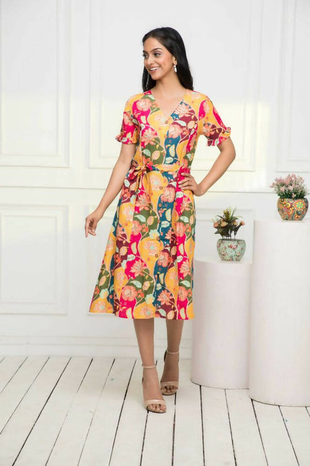 Myshka Women Multi - Abstract Rayon A-Line V-Neck Dress