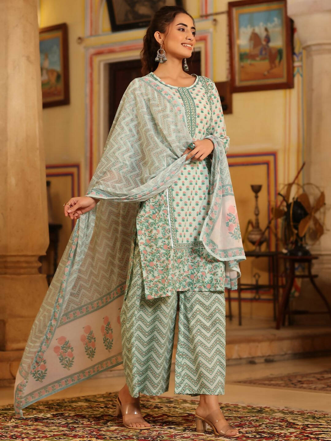 Juniper Women's Seagreen Cambric Floral Printed Kurta Palazzo Set - Distacart