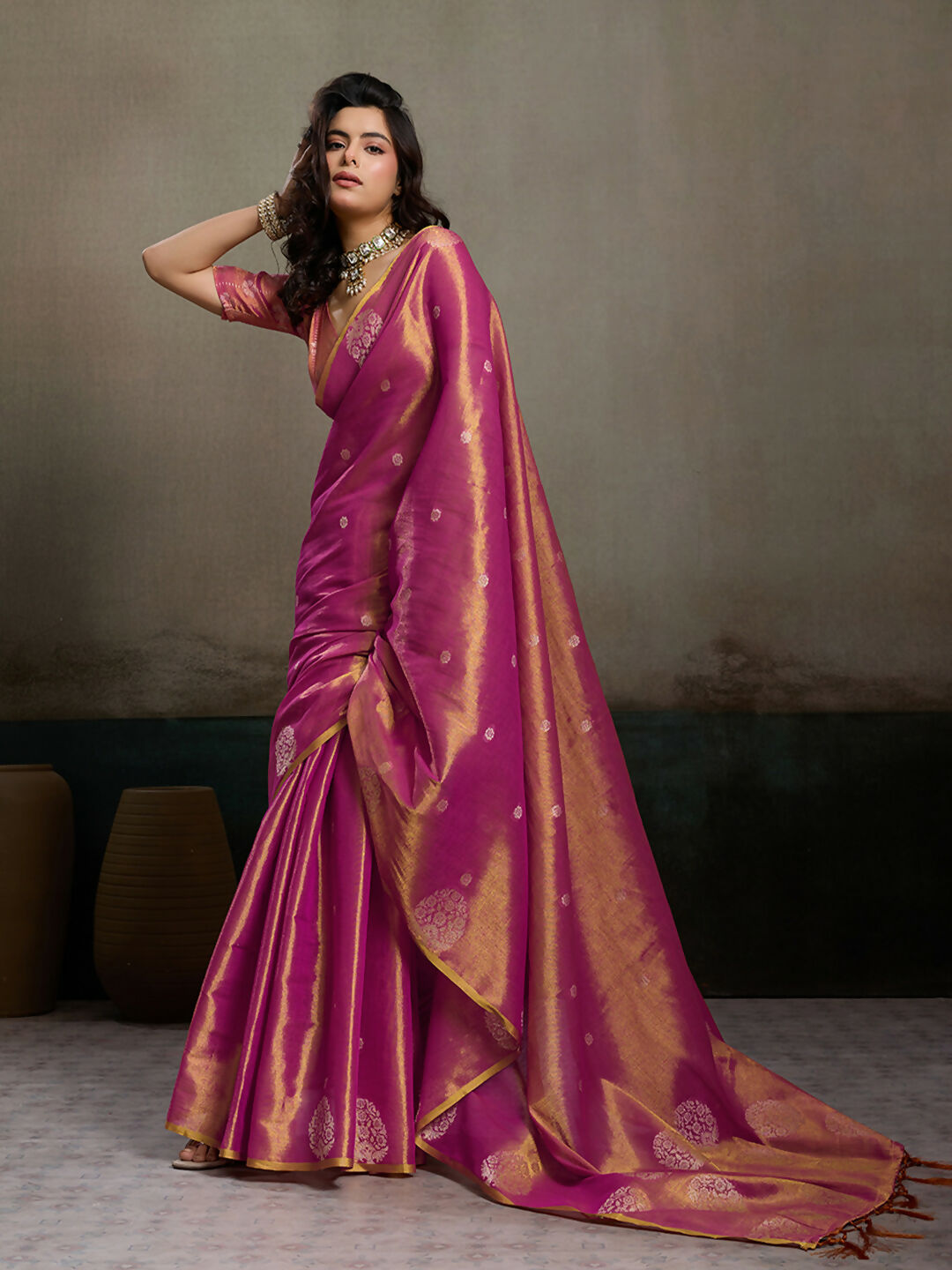 Shree Shyam Fashion Magenta Tissue Silk Saree - Distacart