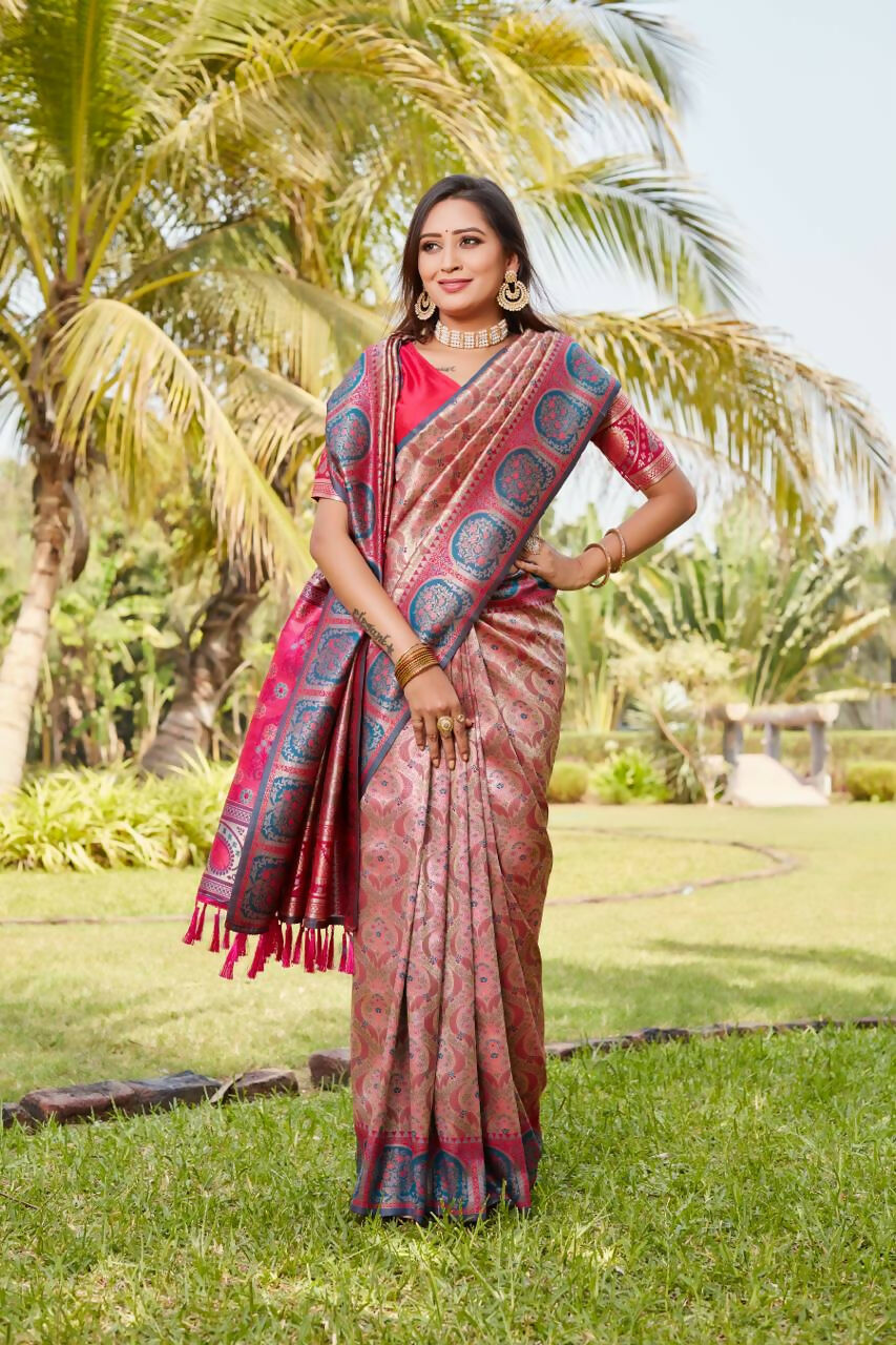 Vastranavya Boutique Collection Kanjivaram Soft Silk Saree With Unstitched Blouse - Coral