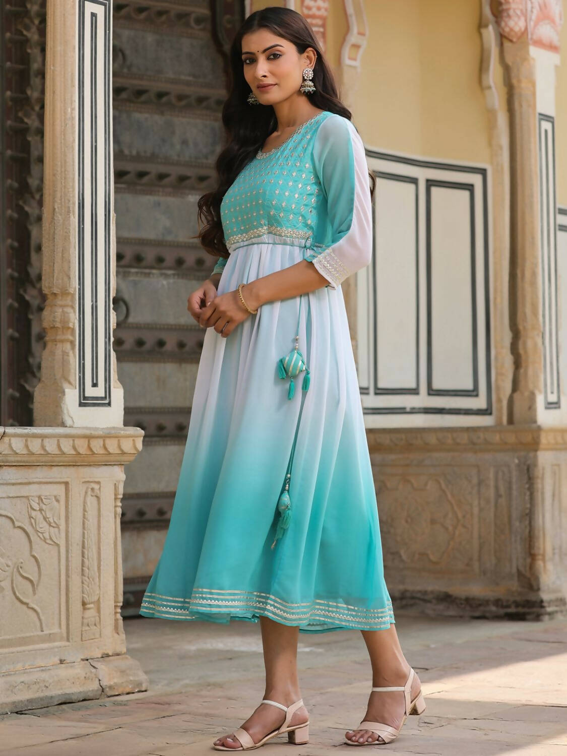 Juniper Women Teal Georgette Embroidered Maxi Dress - Distacart