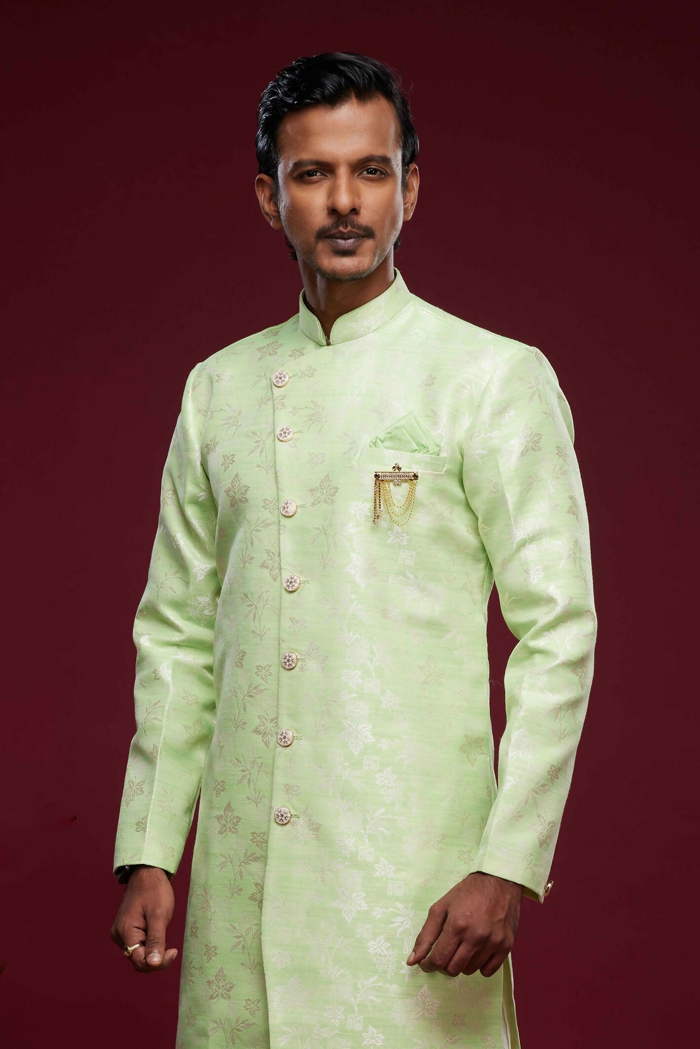 Raivat Ethnic Banarasi Jacquard Embroidery Semi Indo Western Sherwani In Pista Green Colour