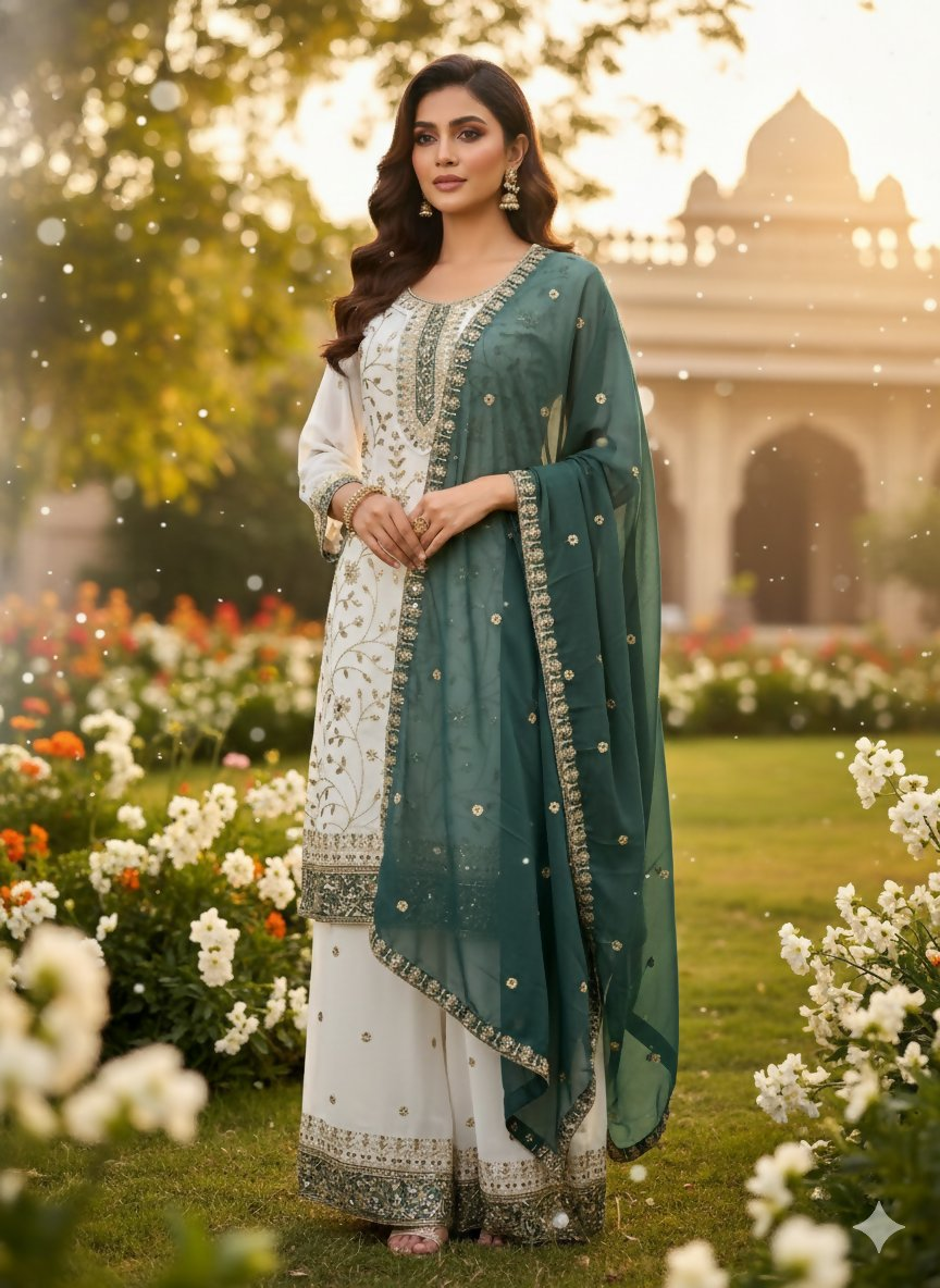Teeya Creation White Color Faux Georgette Embroidery Work Long Party Wear Palazzo Suit - Distacart