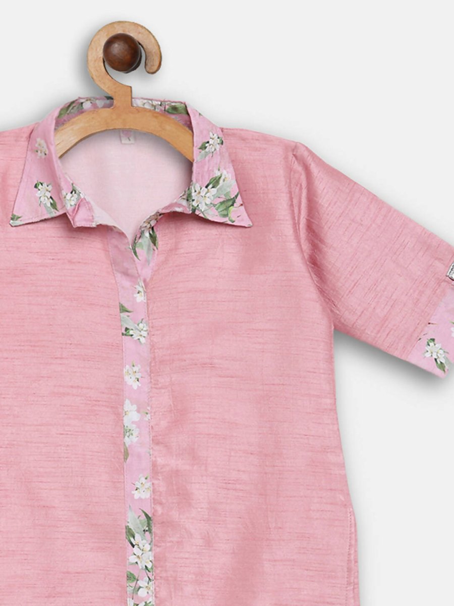 Ahalyaa Pink Poly Silk Solid Kids Kurta with Printed Pant Set For Girls