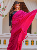 Zibaa Hand-Dyed Mul Cotton Pink Saree with Tassels - Distacart