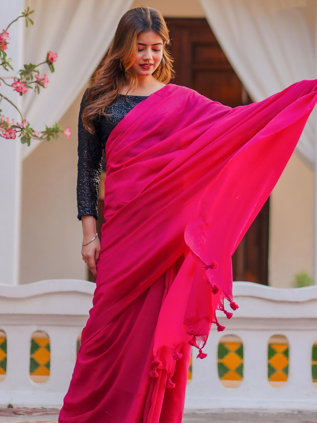 Zibaa Hand-Dyed Mul Cotton Pink Saree with Tassels - Distacart
