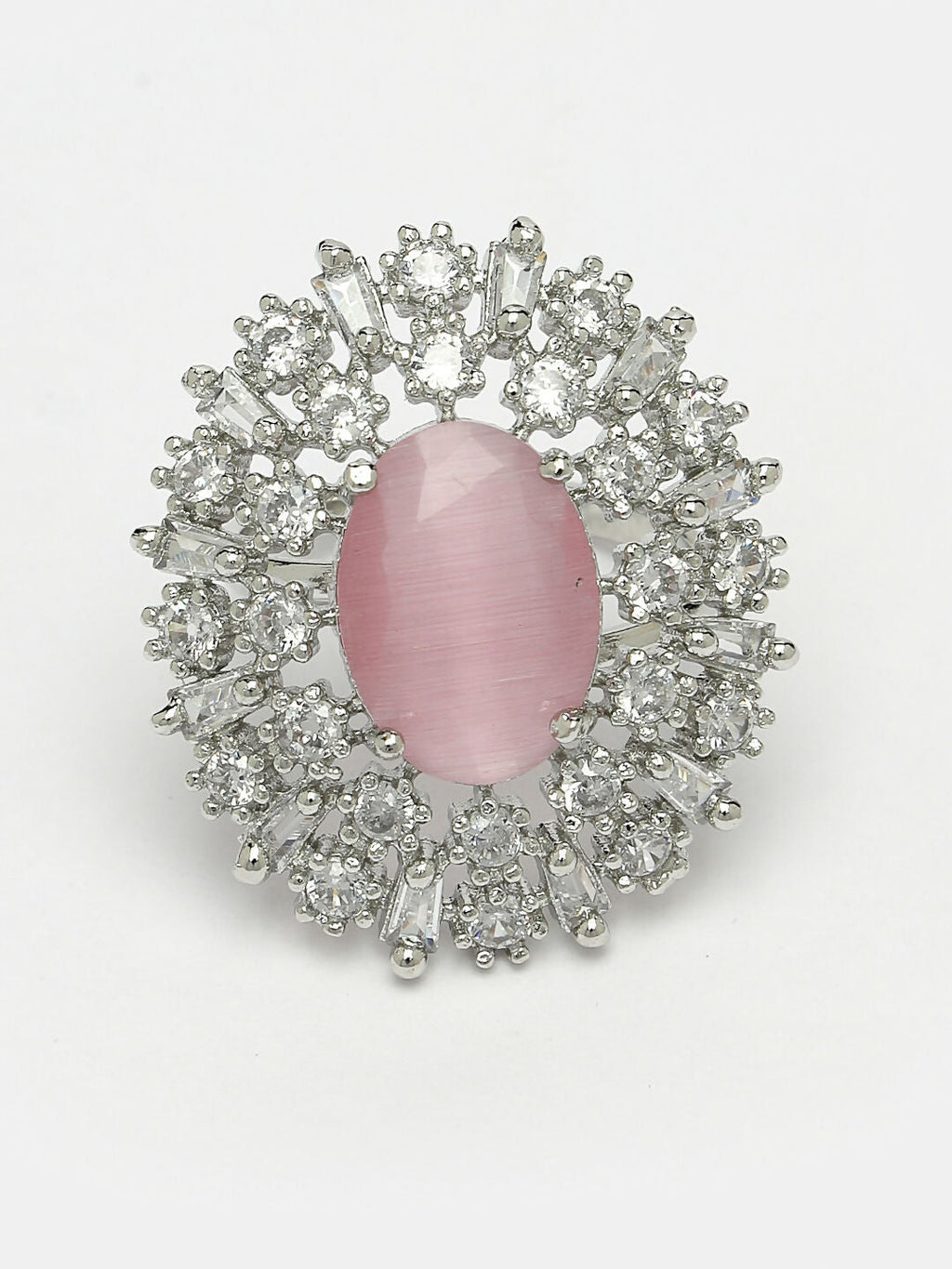NVR Women's Pink & Silver CZ-Studded Handcrafted Adjustable Finger Ring