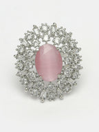 NVR Women's Pink & Silver CZ-Studded Handcrafted Adjustable Finger Ring
