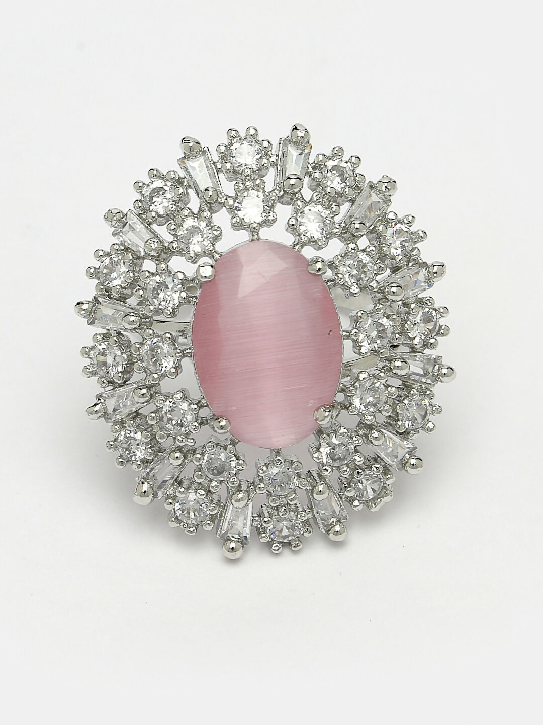 NVR Women's Pink & Silver CZ-Studded Handcrafted Adjustable Finger Ring