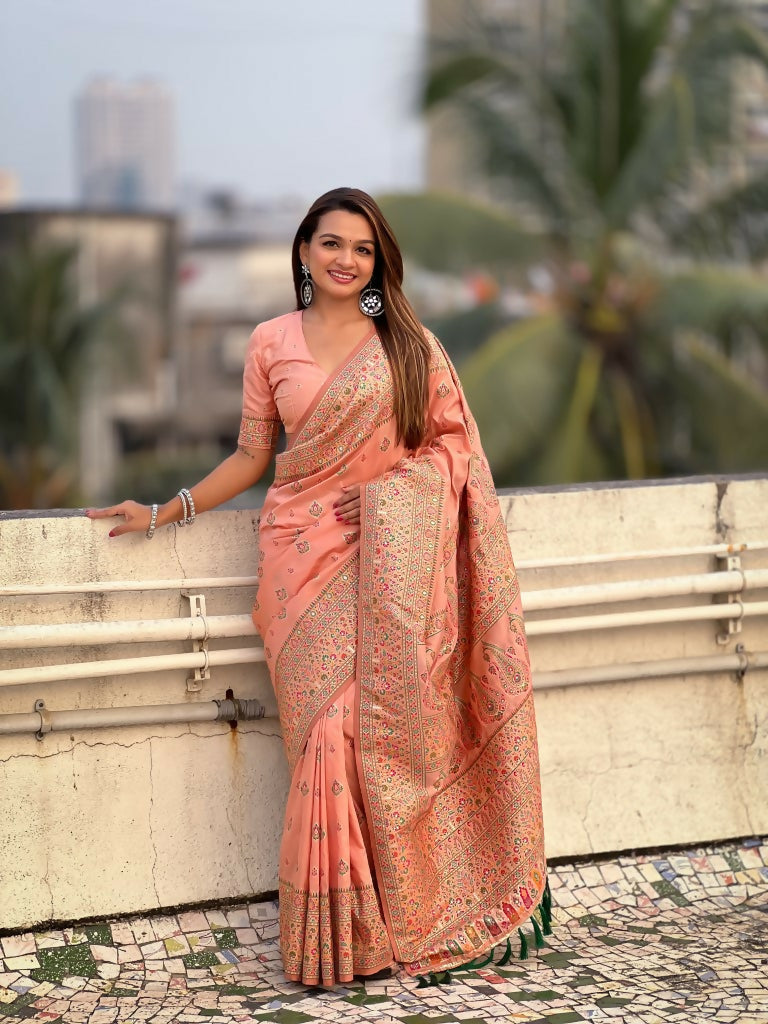 Peach Pashmina Silk Wevon Kashmiri Meenakari Designer Saree with Unstitched Blouse - Vandini