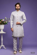 Raivat Ethnic Art Banarasi Silk Thread Work Kurta Pajama In Grey Colour