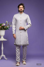Raivat Ethnic Art Banarasi Silk Thread Work Kurta Pajama In Grey Colour