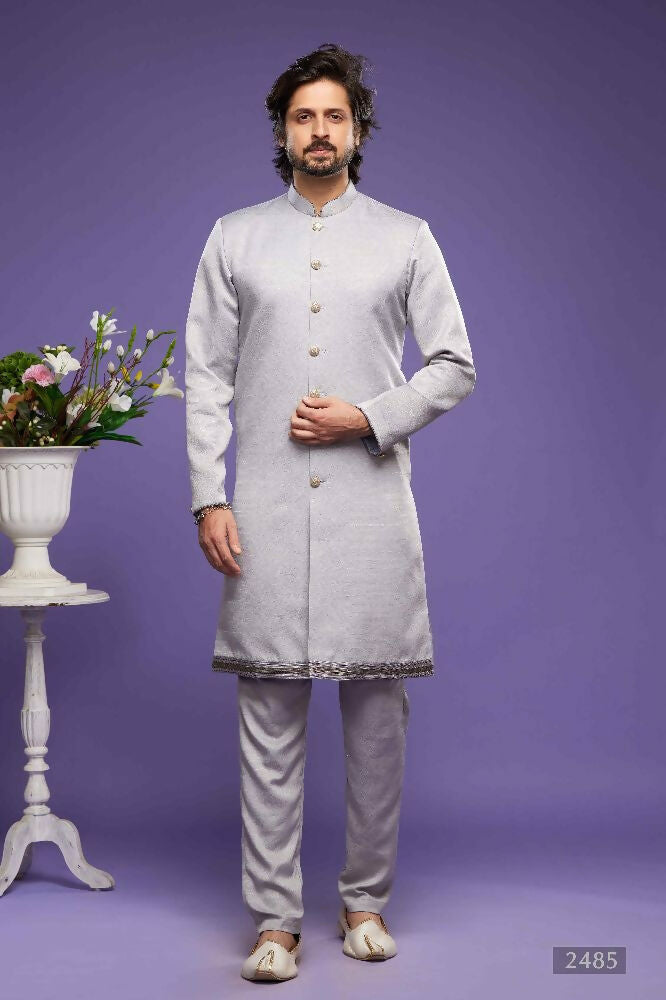 Raivat Ethnic Art Banarasi Silk Thread Work Kurta Pajama In Grey Colour