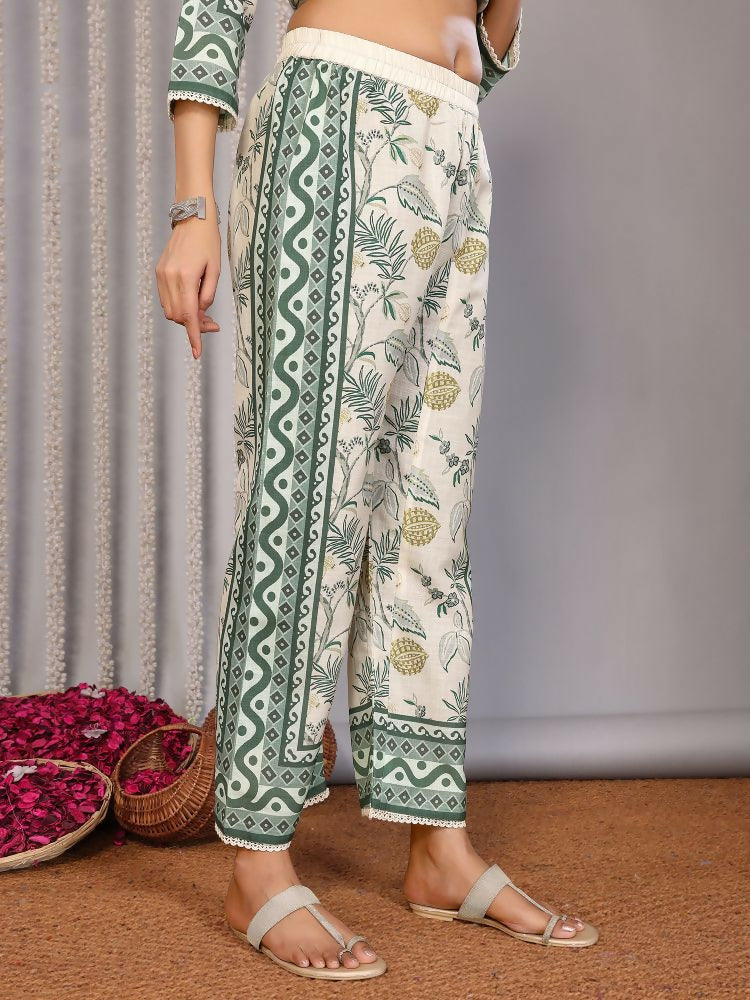 Joban Fashion Women Off White & Forest Green Linen Printed Stitched Kurta Set - Distacart