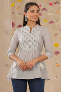 Juniper Women Grey Cotton Moss Embroidered A-Line Tunic - Distacart