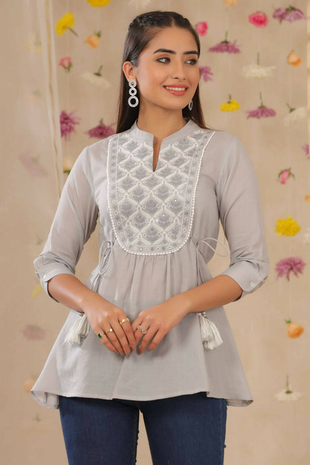 Juniper Women Grey Cotton Moss Embroidered A-Line Tunic