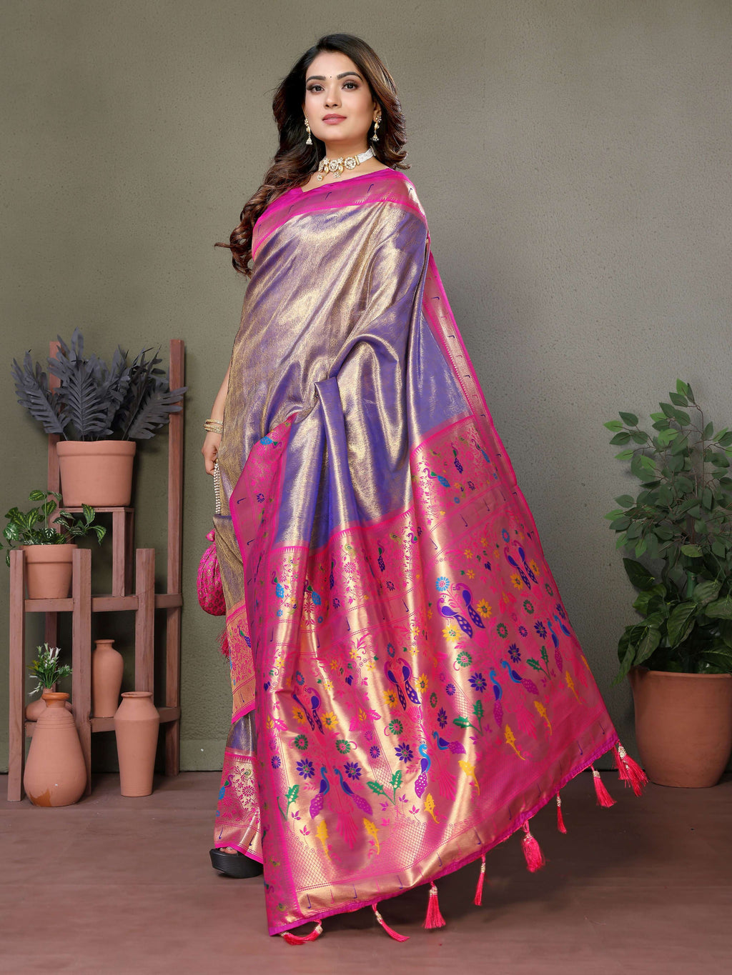 Aastha Fashion Purple Tissue Silk Paithani Woven Saree - Distacart