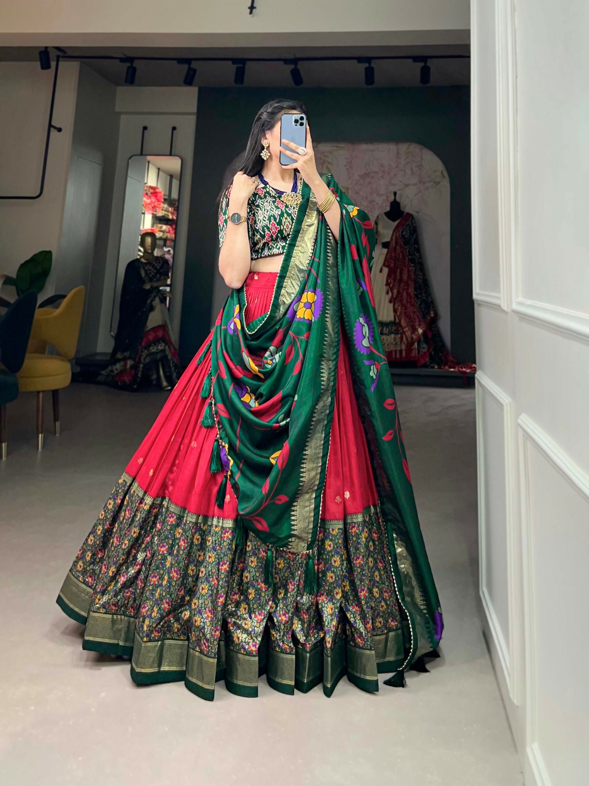 Vastranavya Stunning Look Tussar Silk Printed With Foil Work Indian Lehenga Choli - Red