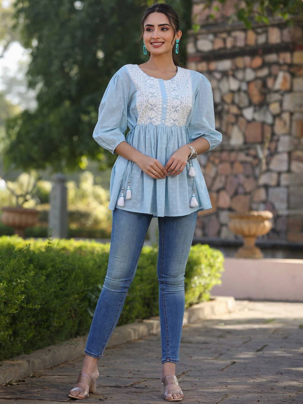 Juniper Women's Blue Cotton Dobby Solid With Embroidered Straight Tunic - Distacart