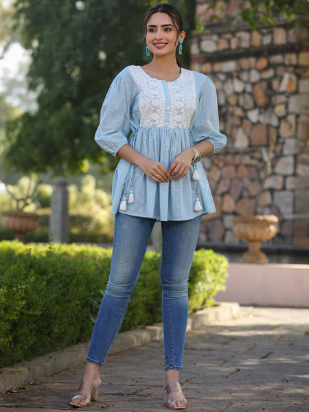 Juniper Women's Blue Cotton Dobby Solid With Embroidered Straight Tunic