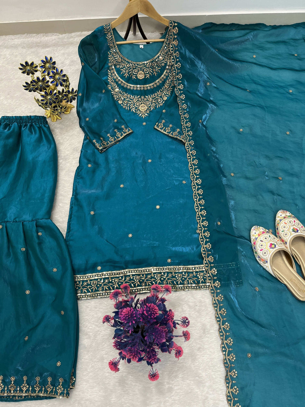 Teeya Creation Teal Color Fendy Satin Silk Heavy Embroidery Work Sharara Suit - Distacart