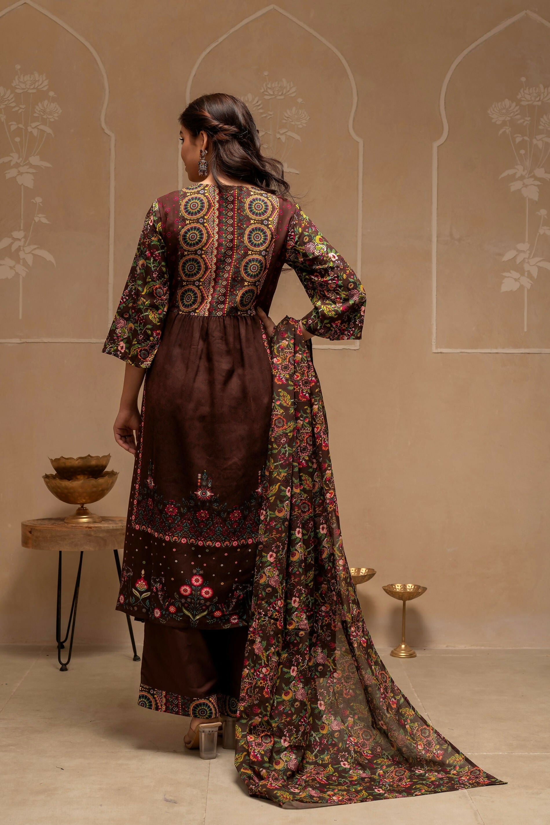 Juniper Brown Floral Viscose Kurta Pant Dupatta Set With Thread Work And Sequence - Distacart