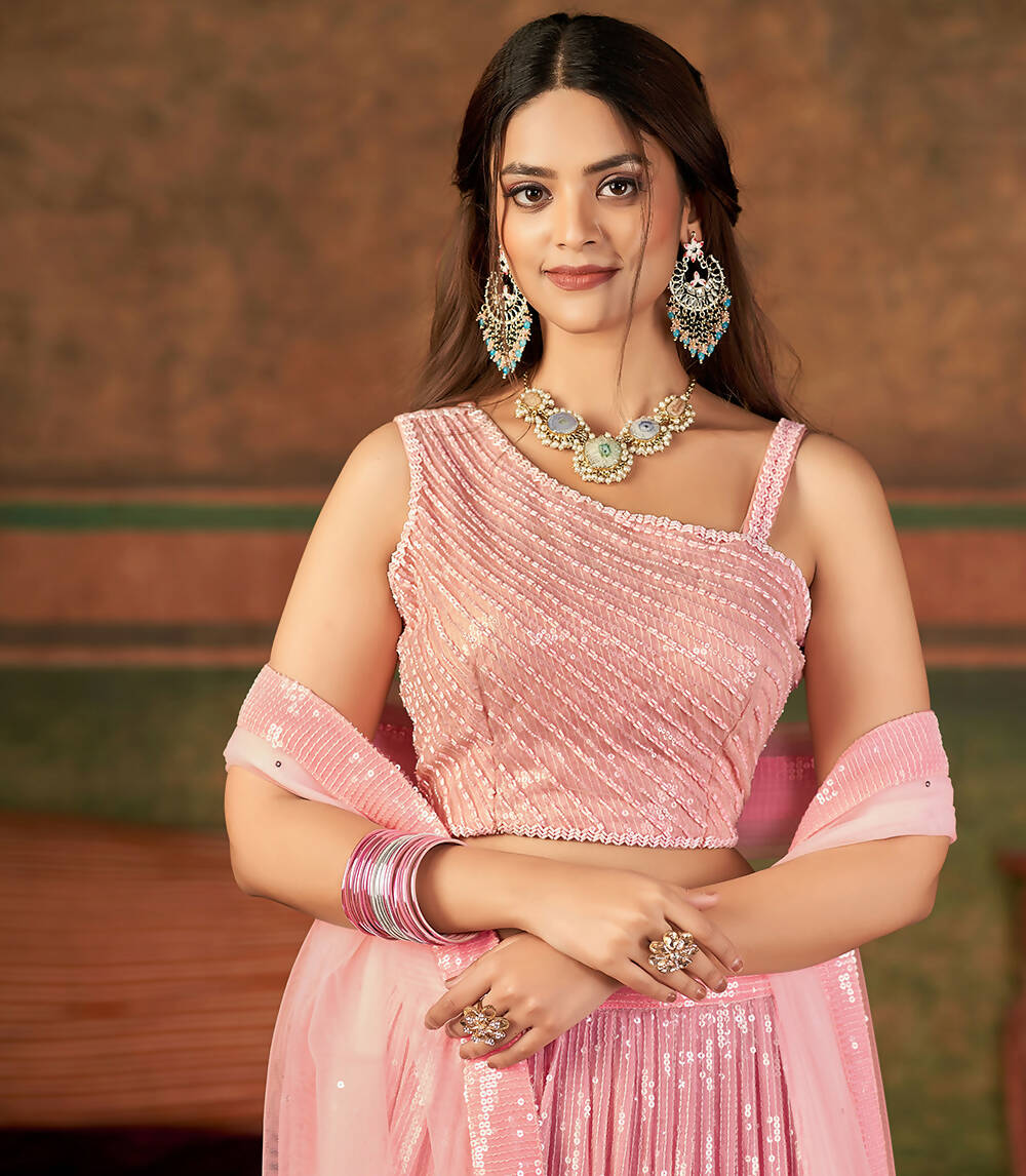 Wedding Designer Pink Nylon Georgette Readymade Lehenga Choli - Anbazaar - Distacart