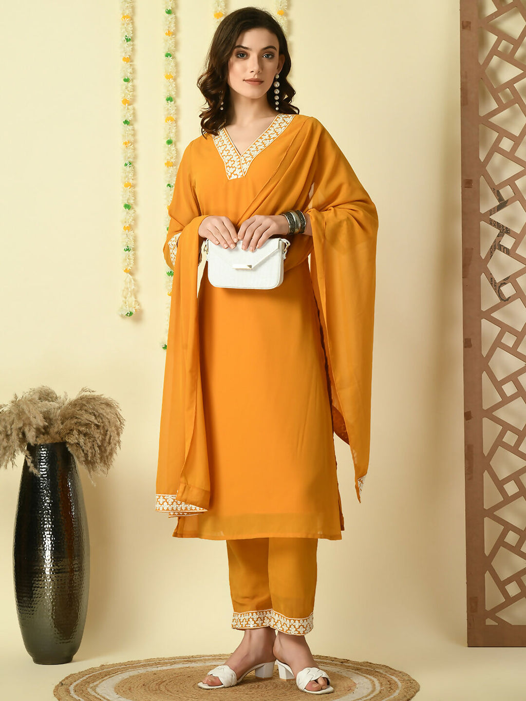 Myshka Women's Mustard Georgette Kurta & Trousers With Dupatta Party Sets