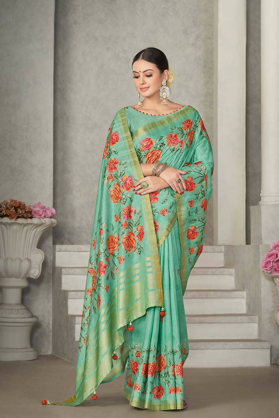 Sea Green Rangkat Tussar Silk Woven Design Saree with Unstitched Blouse - Mohmanthan Eshani