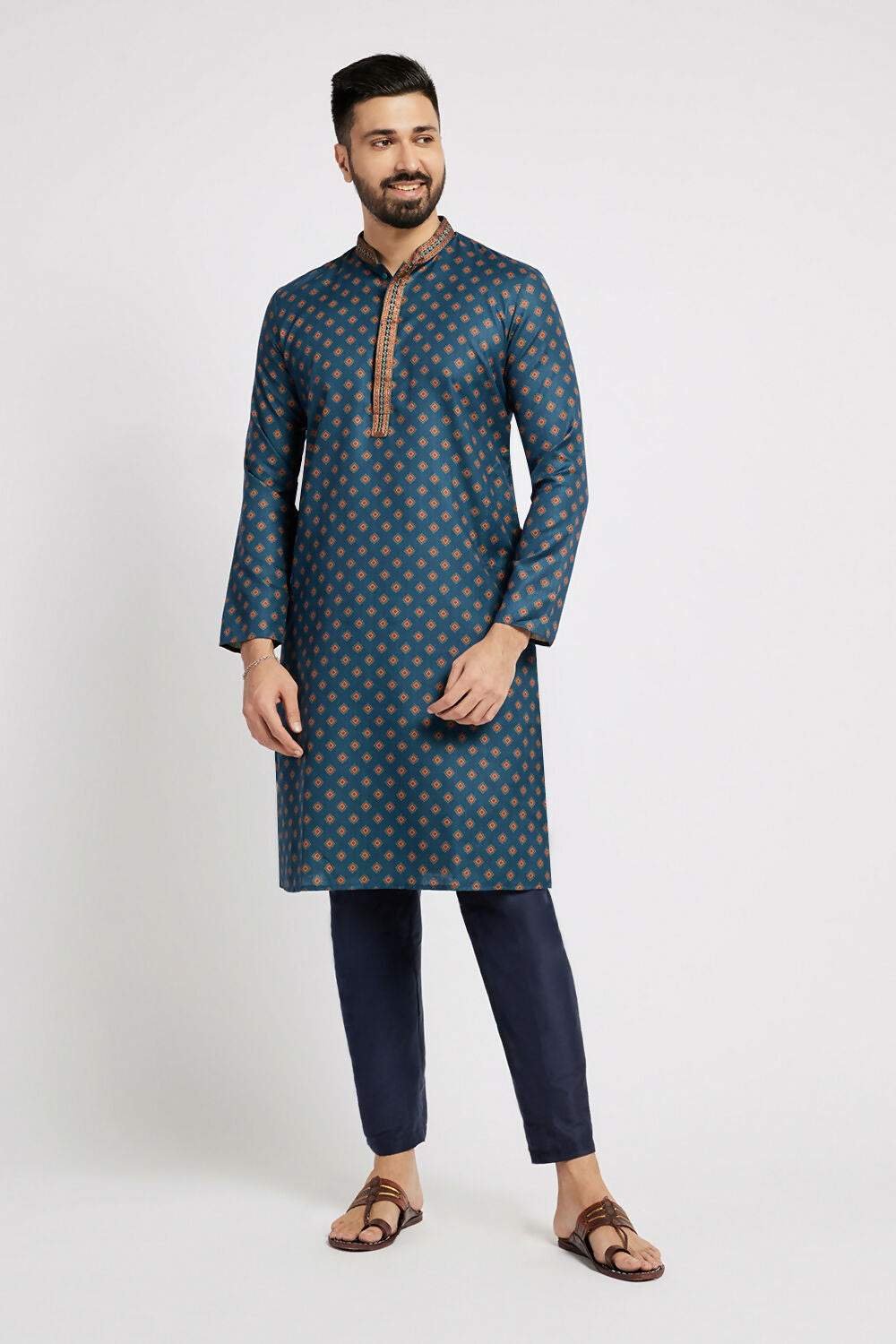 Ethnic India Blue Men's Kurta Ethnic Motifs Polyester