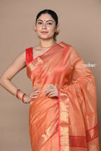 Very Much Indian Rajsi - Handloom Ari Checks Cotton Silk Saree With Golden Border - Orange
