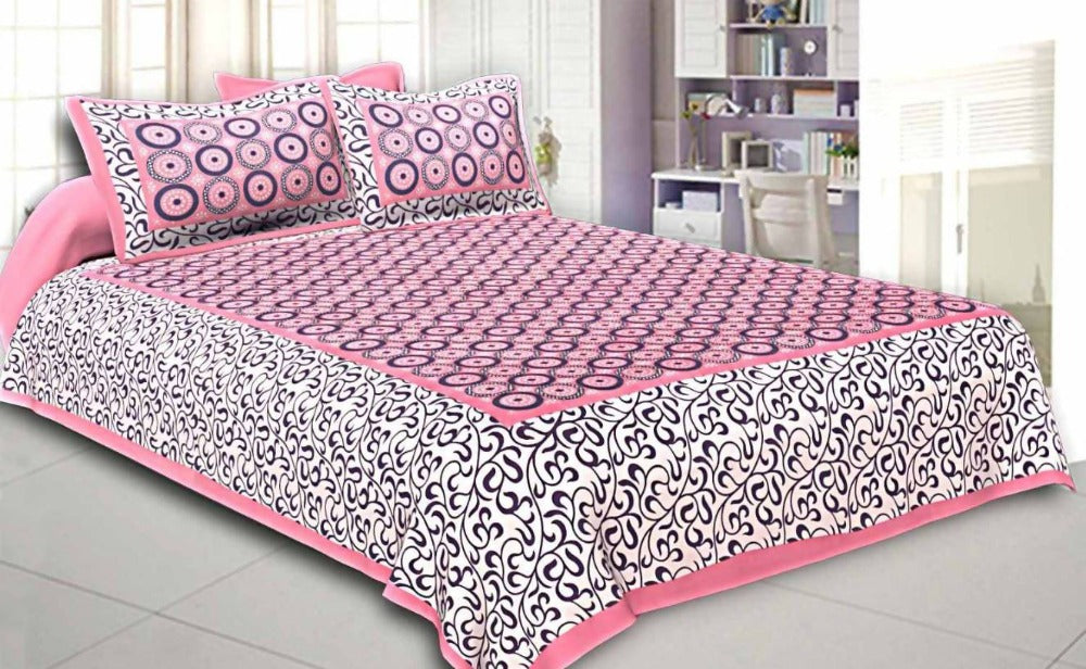 Vamika Printed Cotton Pink & Black Bedsheet With Pillow Covers (LEOD_CHKR_P)