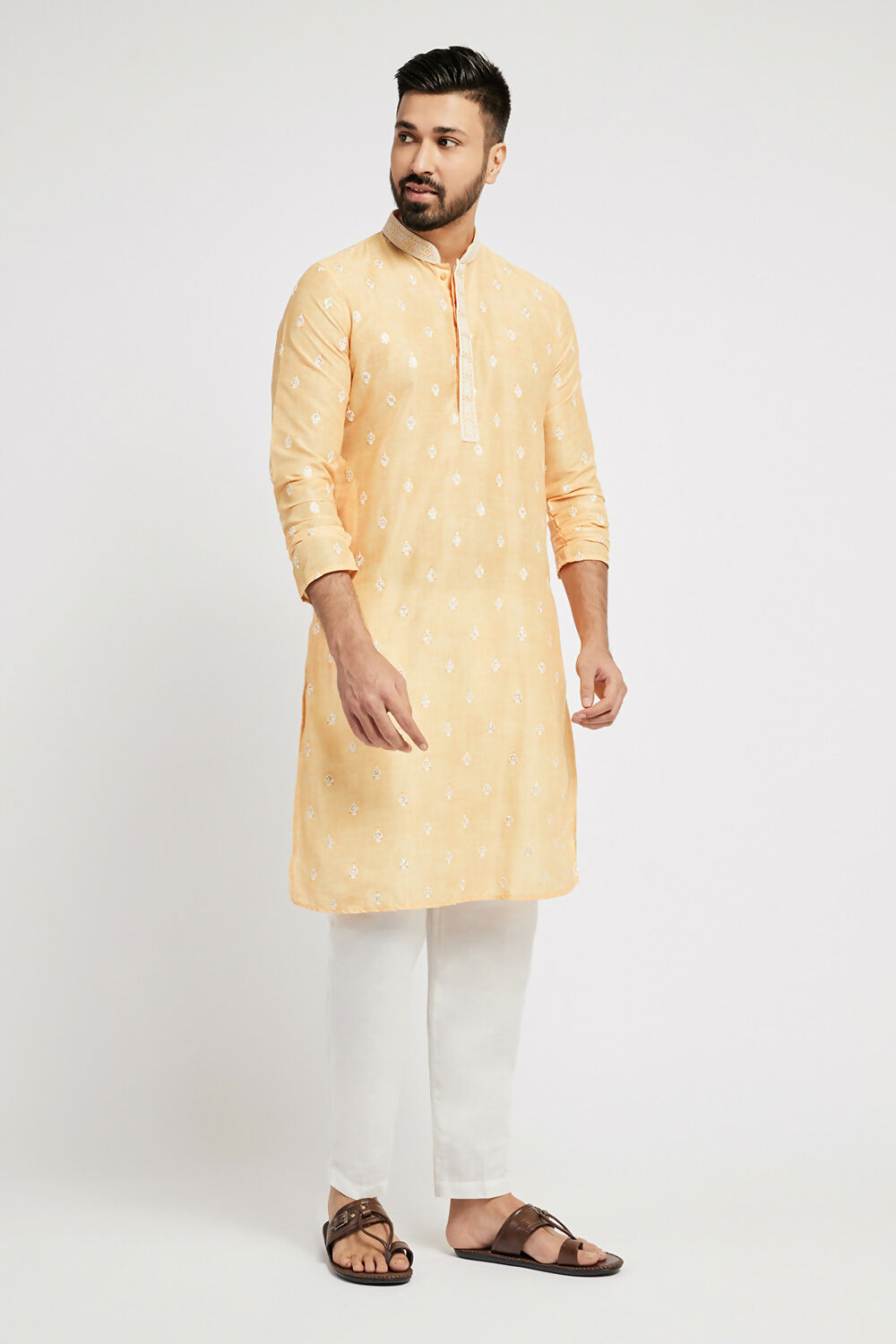 Ethnic India Yellow Men's Kurta Ethnic Motifs Polyester